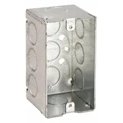 This RACO steel handy electrical box is designed for single-gang installations. With a 2-1/8 inch depth and width, it is suitable for shallow wall or surface-mount applications where clamps and brackets are not required. It provides a secure enclosure for wiring connections, switches, or outlets.