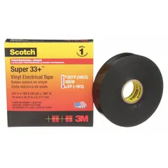 Polyvinyl chloride film tape with rubber adhesive, black, 7 mil thick, 3/4 in wide, 36 yd long. Used for electrical insulation, splicing, and bundling of wires and cables in maintenance, repair, and installation tasks.