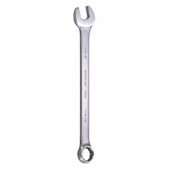 This SAE 12-point combination wrench is constructed from alloy steel with a satin finish. It features a 1 3/16 in head size and a 16 1/4 in overall length with an offset design. The 12-point box end provides a secure grip on hex fasteners, while the open end allows for quick positioning. Commonly used in maintenance, repair, and assembly tasks where access to fasteners in confined spaces is required.