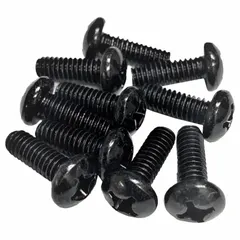 Steel rack screws with #12-24 thread size, supplied in a 100-pack. Used for fastening equipment into standard threaded rack rails and enclosures in server rooms, data centers, and broadcast studios.