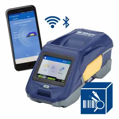 Bluetooth-connected portable printer with 2" print width and 300 dpi resolution. Includes battery, AC adapter, self-laminating cable wraps, and Brady Workstation Product and Wire ID Software Suite. Used for on-site cable and wire labeling in industrial settings.