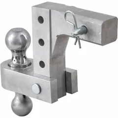 This Class 4 adjustable dual ball hitch from BUYERS PRODUCTS features a 2 in shank and two ball diameters (2 in and 2 5/16 in) for towing trailers, boats, or campers with different coupler sizes. Constructed of corrosion-resistant aluminum with a chrome finish, it includes a hitch pin and allows tool-free height adjustment by pulling the pin.