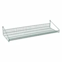 This steel shelf is designed for use with wire grid panels, providing a convenient storage surface for tools, parts, or supplies. It measures 47 1/4 inches wide, 15 3/8 inches deep, and 7 3/4 inches high, with a load capacity of 50 lb. The shelf features an epoxy-coated green finish for corrosion resistance