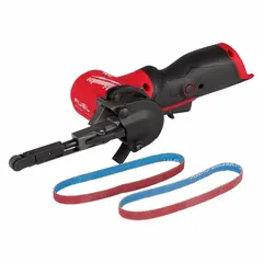 This cordless band file operates at 3,600 SFPM and accepts 3/8 in wide by 13 in long belts. As a bare tool, it is powered by the M12 system and is suited for finishing, deburring, and shaping metal or plastic parts in fabrication and maintenance tasks.