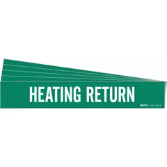 These adhesive pipe markers feature a green background with white legend reading 'Heating Return' and are designed for pipes with an outer diameter of 8 inches and larger. Each pack contains 5 markers without directional arrows, suitable for identifying heating return lines in piping systems.