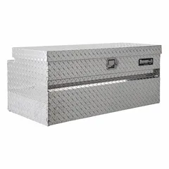 This single-lid utility chest truck box is constructed of aluminum with a silver finish. It features a keyed paddle-handle latch and an overall depth of 19 inches. Designed for secure storage of tools and equipment in pickup truck beds, it provides organized access while deterring theft.