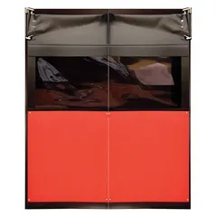 This two-door swinging door set is constructed of PVC and finished in red. Each door measures 7 ft wide by 8 ft high and includes a PVC window. The set meets USDA standards and comes with door seals, bumpers, and mounting hardware. Suitable for use in industrial facilities to separate work zones while allowing pedestrian and light cart traffic.