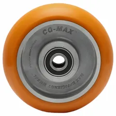 Polyurethane tread on aluminum core wheel with 6 in diameter and 2 in width. Rated for 1,500 lb load capacity. Orange tread color. Suitable for heavy-duty material handling applications such as carts and platform trucks.