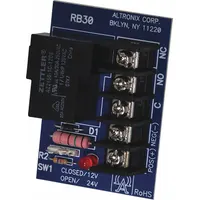 The ALTRONIX RB30 is a heavy-load SPDT relay module for 12/24V DC input. Constructed with phenolic/fiberglass material, it is used to switch high-current loads in power supply systems. Typical applications include access control and security systems