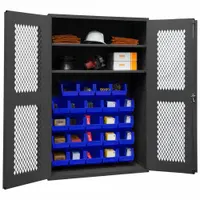 Steel ventilated bin cabinet with two shelves and twenty-four blue bins. Cabinet is powder coated gray, bins are blue. Each bin measures 8 in x 15 in x 7 in. Panel is 14 ga. Assembled. Suitable for organizing small parts and components in industrial settings