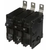 Three-pole miniature circuit breaker rated 50 A at 240V AC, part of the BL Series. Designed for bolt-on mounting in Siemens P1 Panelboards. Provides overcurrent protection with a maximum AIR rating of 10kA at 240V AC for three-phase electrical systems