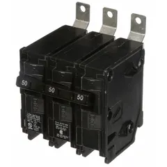 Three-pole miniature circuit breaker rated 50 A at 240V AC, part of the BL Series. Designed for bolt-on mounting in Siemens P1 Panelboards. Provides overcurrent protection with a maximum AIR rating of 10kA at 240V AC for three-phase electrical systems.