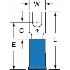 Insulated fork terminal from 3M's TH Series, featuring a vinyl insulation and funnel barrel design. Accepts 16 AWG to 14 AWG wire and fits #6 studs. Rated for 1000 V. Suitable for terminating wires in electrical panels, control cabinets, and industrial machinery.