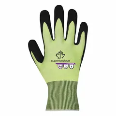 These heavy-duty cut-resistant gloves feature a palm-dipped micropore nitrile coating and are rated ANSI Cut Level A6. The high-visibility green knit material enhances hand visibility, while touchscreen compatibility allows use with electronic devices. Suitable for industrial tasks requiring high cut protection, such as metal stamping, glass handling, and automotive assembly.