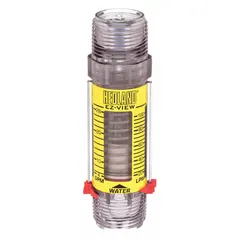 The HEDLAND H621-028 is an inline variable area flowmeter for water, featuring a scale display that indicates flow rate in liters. With an accuracy of +/-5%, it uses Buna-N seals and O-rings and supports universal mounting orientation. This model does not include a pressure gauge or flow rate adjustment knob. Typical applications include monitoring flow in industrial water systems, cooling circuits, and process lines.