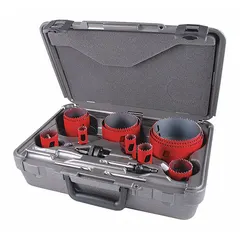 This 16-piece hole saw kit features bi-metal construction with 5/6 teeth per inch for cutting wood, metal, plastic, and drywall. Maximum cutting depth is 1-15/16 inches. Suitable for plumbing, electrical, and HVAC installations requiring clean, precise holes.