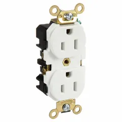 Duplex general-purpose receptacle rated 125V AC and 15A, with 2-pole/3-wire grounding in a NEMA 5-15 configuration. White finish. Suitable for standard electrical outlets in residential, commercial, and industrial environments for powering 125V AC devices.