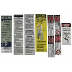 Replacement label kit for Louisville Ladder models FM1404HD and compatible units. Includes labels for safety and identification markings. Used to restore legibility of warnings and ratings on industrial ladders.