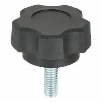 This 5-arm knob features a plastic body with a steel thread insert for durable engagement. Thread size is 5/16"-18 with a 1 in thread length. Used for manual clamping, positioning, and adjustment on industrial machinery, jigs, and fixtures