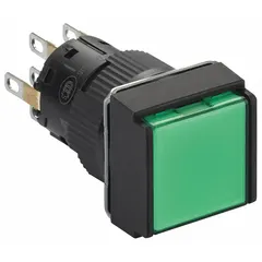 Momentary-action illuminated push button with a non-metallic flush profile and 16 mm mounting diameter. Features DPDT contact configuration and quick-connect terminals. Suitable for panel indication and operator interface in industrial control and automation systems.