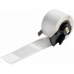 White matte vinyl wraparound label measuring 2-5/8 in x 1 in, designed for permanent identification of wires from 4 AWG to 0 AWG. Compatible with M611 printer series and requires M7-R4300 ribbon. Used for marking cables in electrical panels, data centers, and manufacturing facilities.