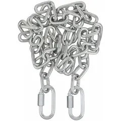 This safety chain is constructed from carbon steel with a zinc-plated finish for corrosion resistance. It features a quick link attachment and a silver cable. Rated for heavy-duty use, it is suitable for load restraint in towing and material handling applications.
