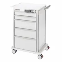 This medical procedure cart features an aluminum frame with a white cabinet and white drawer. It is equipped with two swivel casters and two swivel casters with brakes for mobility and stability. Suitable for organizing and transporting medical supplies and instruments in healthcare settings