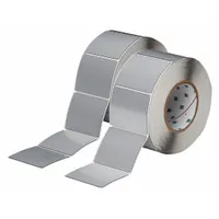 Polyester label roll with silver gloss finish, 2-1/2 in x 3 in, 250 labels per roll. Compatible with THT printer series. Used for industrial identification and labeling of electrical panels, equipment, and controls