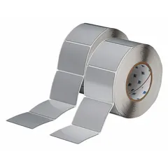 Polyester label roll with silver gloss finish, 2-1/2 in x 3 in, 250 labels per roll. Compatible with THT printer series. Used for industrial identification and labeling of electrical panels, equipment, and controls.