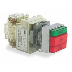 30 mm illuminated multihead push button with two metallic momentary operators. Features 2NO/2NC contacts, transformer-powered incandescent illumination, and Start/On/Stop legend. Suitable for industrial control panels requiring momentary action and visual status indication.