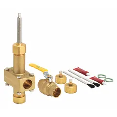 This ball-type emergency shutoff device is designed for glycol systems. It is sized for 2 in copper tube and rated for a maximum pressure of 250 psi. The valve includes 518 Gasket Sealant. Typical applications include heating, cooling, and process piping where rapid flow isolation is needed.