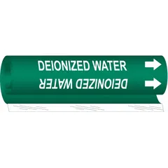 Wrap-around pipe marker with green background and white legend text reading 'Deionized Water'. Includes directional arrows. Fits pipe outer diameters from 1-1/2 to 2-3/8 inches. Used to identify pipes carrying deionized water in industrial piping systems.