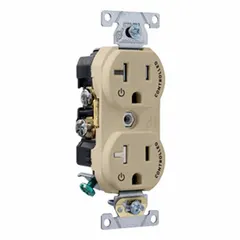 General purpose duplex receptacle rated 125V AC and 20 A with NEMA 5-20 configuration. Ivory color, 2 pole / 3 wire design. Suitable for powering equipment and tools in commercial and industrial environments such as offices, workshops, and light manufacturing.
