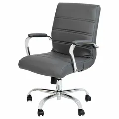 Fixed-arm office chair with faux leather upholstery in gray. Back height 19 1/2 in, seat width 19 in. Suitable for daily desk work in office environments, control rooms, and administrative areas.