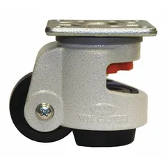 Leveling plate caster for industrial equipment requiring height adjustment and mobility. Used on machinery, workstations, and heavy-duty carts in manufacturing, warehousing, and assembly settings.