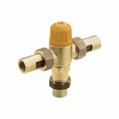 Brass point-of-use mixing valve with 1/2 in outlet connection. Blends hot and cold water to maintain a consistent outlet temperature. Suitable for commercial and industrial plumbing applications where precise temperature control is required at individual fixtures.