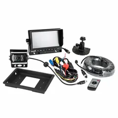 Backup camera with 420K resolution and night vision. Auto-activates when vehicle shifts into reverse. Operates on 12-24V DC. Includes pedestal mount for installation on trucks, vans, or fleet vehicles.