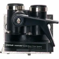 Appliance water filter head with 3/8 in NPT connection. Overall height 3 5/8 in, width 3 3/4 in. Used to mount and connect water filter cartridges in commercial or industrial water filtration systems, such as food service, beverage dispensing, or process water treatment