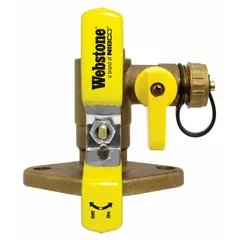 Brass full port ball valve with flanged connections and integrated drain, rated for 600 psi maximum operating pressure. Includes steel handle and mounting nuts. Used in circulator pump installation kits for isolating and draining fluid from piping systems in water and HVAC applications.
