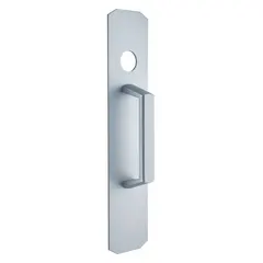 This chrome-finished night latch pull trim is designed for use with exit push bars on doors up to 48 inches wide. It is ADA compliant, making it suitable for commercial and institutional applications where accessibility is required.