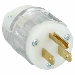 General purpose straight blade plug with 5-15P configuration. Rated 125V AC, 15 A, 2-pole, 3-blade. Clear housing. Suitable for power connections in commercial and industrial settings.