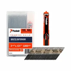 Collated framing nails with 3-1/4-inch length, plain finish, offset round head, smooth shank, and diamond point. Made of steel. Pack of 1,000. Used for framing walls, roof trusses, and sheathing in wood construction.