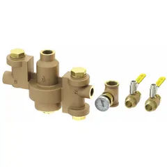 Thermostatic mixing valve constructed of brass with EPDM seals and NPT connections. Includes integral check valves. Used in emergency fixture systems to blend hot and cold water to a tempered temperature for safety showers and eyewash stations.
