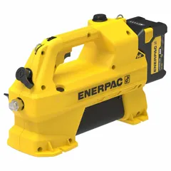 Cordless electric hydraulic pump unit with a 3-way manual valve and retract function. Operates at a maximum working pressure of 10,000 psi with a 54V battery system. Includes two batteries and a 115V North American charger. Suitable for powering hydraulic cylinders in lifting, pressing, and clamping applications where AC power is unavailable.