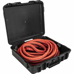 These plug-in jumper cables feature a 32 1/2 ft cable length and a 1000 A maximum current rating. The Quick Connect cable connection type allows for fast attachment. Includes a carrying case for storage and transport. Suitable for jump-starting vehicles with dead batteries.
