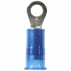 Nylon-insulated ring terminal for #6 stud size, accepting 16 AWG to 14 AWG wire. Rated for 1000 V maximum. Used for secure electrical connections in control panels, machinery, and power distribution systems.