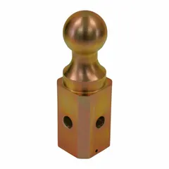 This gooseneck hitch ball is constructed from carbon steel with a zinc-plated finish. It has a 2-5/16 inch ball diameter and a gross vehicle weight capacity of 50,000 lb. Used for connecting gooseneck trailers to tow vehicles in heavy-duty towing applications.