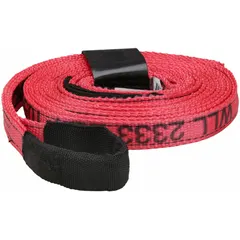 This SNAP-LOC tow strap is a Grade 5, heavy-duty polyester strap with a 2-ply construction. It features reinforced loops and hook-and-loop attachment, with an overall size of 1 inch wide by 15 feet long in red. Suitable for industrial towing, recovery, and pulling applications.