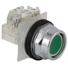 Momentary-action push button operator with extended profile for 30 mm panel mounting. Features a metallic push button and one normally open (1NO) contact. Suitable for industrial control panel applications requiring a non-illuminated operator.