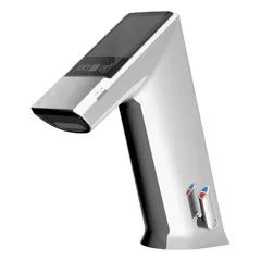 Cast zinc construction with chrome finish. Solar-powered operation with LCD display. Flow rate of 1.5 gpm. Single-post design for sensor-activated, touch-free use in commercial restrooms.